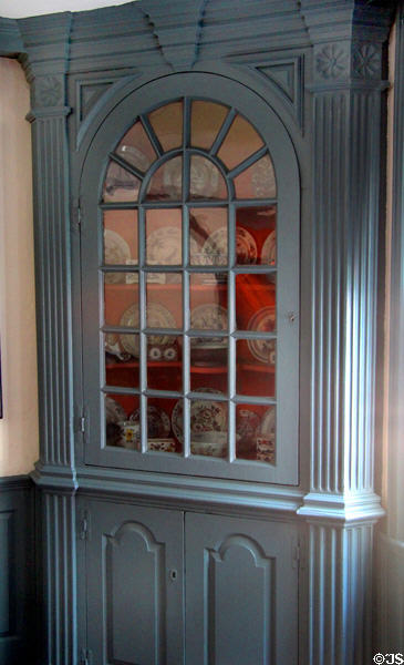 Parlor corner cupboard with China at Phelps-Hathaway House. Suffield, CT.