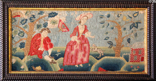 Needlework picture with man & woman (mid 18thC) at Phelps-Hathaway House. Suffield, CT.