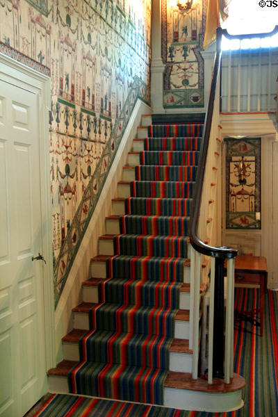 Stairway of 1795 addition of Phelps-Hathaway House with wallpaper original to the time. Suffield, CT.
