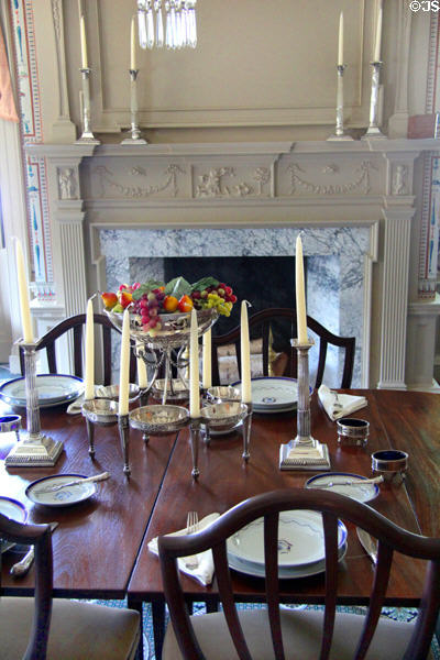 Epergne with large bowl atop ring of six smaller bowls & candlesticks (1789) by William Pitt of London on dining room table at Phelps-Hathaway House. Suffield, CT.