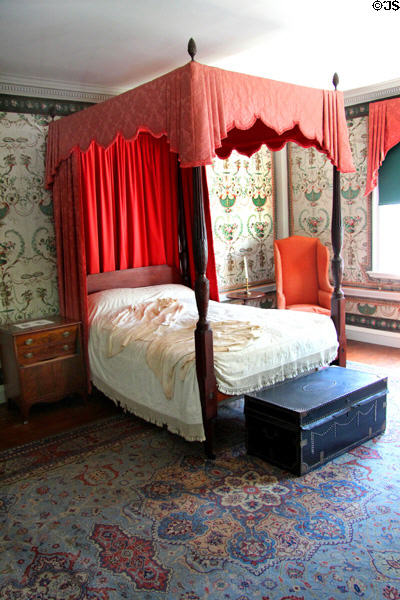 Four poster bed in master bedroom with original wallpaper at Phelps-Hathaway House. Suffield, CT.
