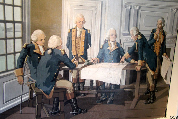 George Washington meeting French commander Comte de Rochambeau (May 17, 1781) in the Webb parlor to plan Siege of Yorktown mural by Wallace Nutting at Joseph Webb House. Wethersfield, CT.