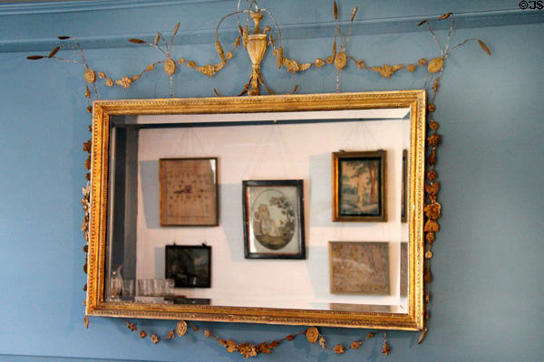 Mirror reflects a collection of mourning images at Joseph Webb House. Wethersfield, CT.
