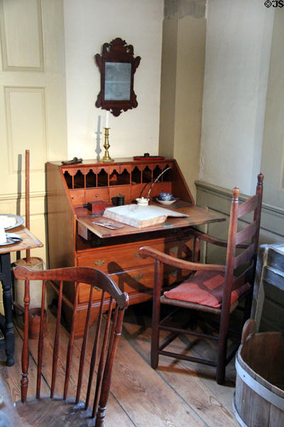 Desk & chairs in kitchen at Isaac Stevens House. Wethersfield, CT.
