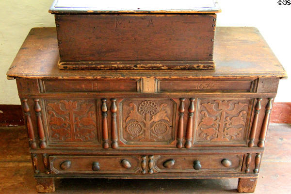 Sunflower chest & bible box at Buttolph-Williams House. Wethersfield, CT.