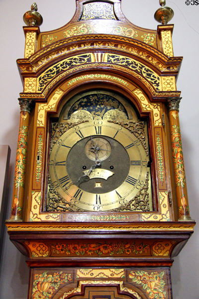 Detail of tall case clock (c1730) by George Prior of London, England with restored second quarter 18th C gilding at Wethersfield Museum. Wethersfield, CT.