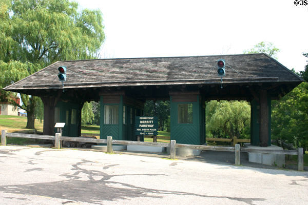 Connecticut Merritt Parkway Toll Booth (1940-1988) moved to Boothe Memorial Park. Stratford, CT. Style: Log. Architect: George Dunkelberger. On National Register.