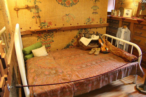 William Gillette's bedroom with painted grass mats at Gillette Castle State Park. East Haddam, CT.