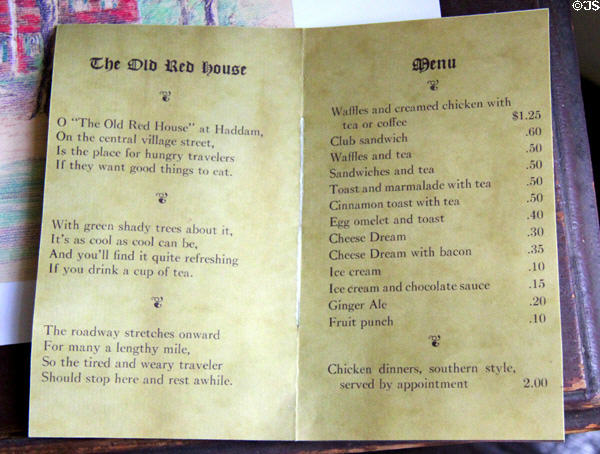 Antique Old Red House menu offers ice cream for a dime & chicken dinners for $2 at Thankful Arnold House. Haddam, CT.