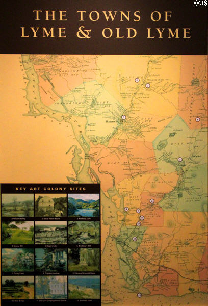 Map of key art colonies of towns of Lyme & Old Lyme at Florence Griswold Museum. Old Lyme, CT.