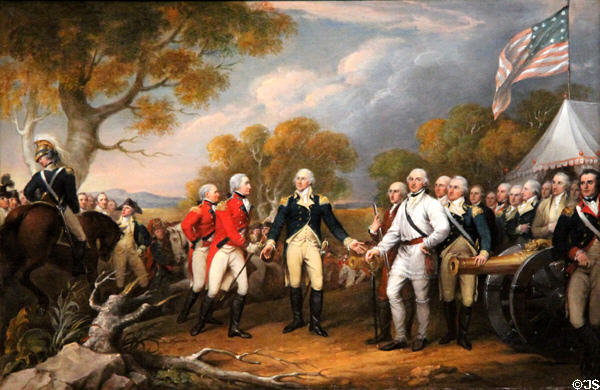 Painting of the Surrender of Burgoyne at Saratoga, October 16, 1777, by John Trumbull (c1822-32) in Yale Art Gallery. New Haven, CT.