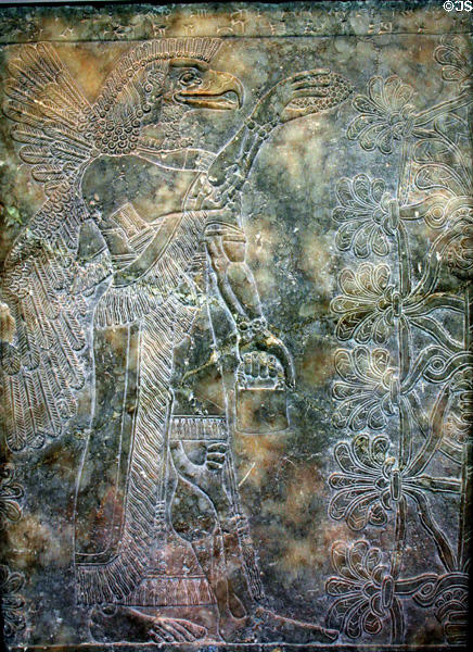 Alabaster Assyrian relief (883-859 B.C.) showing an eagle headed genie watering a sacred tree from Nimrud Palace in Yale Art Gallery. New Haven, CT.
