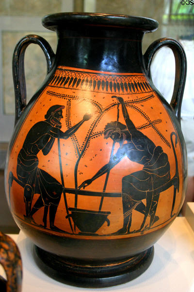 Greek terracotta black-figure vase showing two men playing a board game (520-510 B.C.) in Yale Art Gallery. New Haven, CT.