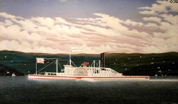 Side-wheel steamboat Connecticut painting (1873) by James Bard at Mystic Seaport art museum. Mystic, CT.