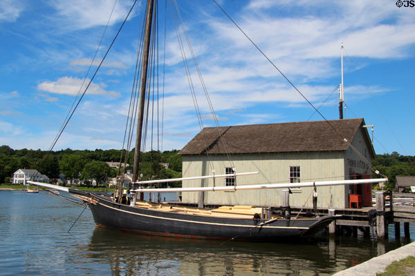Emma C. Berry two masted schooner (1866) in front of Thomas Oyster House from Connecticut at Mystic Seaport. Mystic, CT.