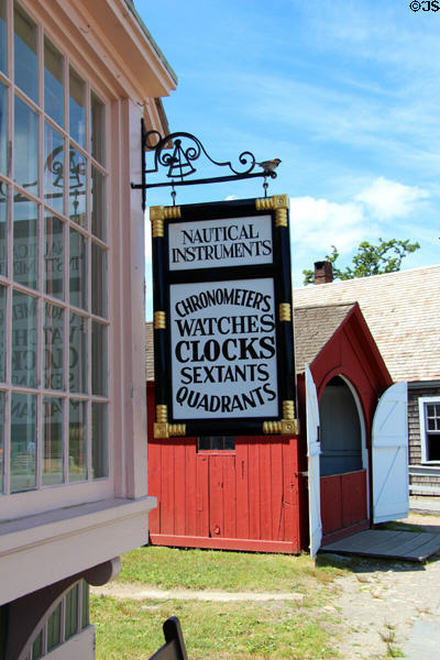 Nautical instruments & clockmaker's sign at Mystic Seaport. Mystic, CT.