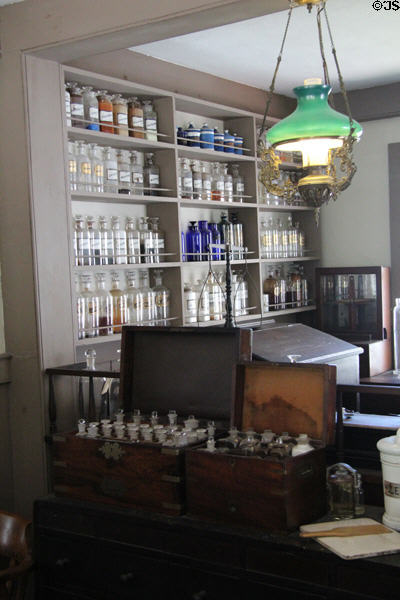 Collection of medicine bottles in Drug Store at Mystic Seaport. Mystic, CT.
