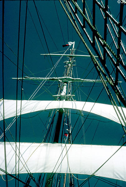 Sails of Charles W. Morgan wooden whaleship (1841) at Mystic Seaport. Mystic, CT.