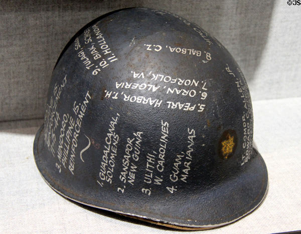 M1 Helmet traces WWII operations seen by U.S. Coast Guard officer Edward G. Allen at U.S. Coast Guard Museum. New London, CT.