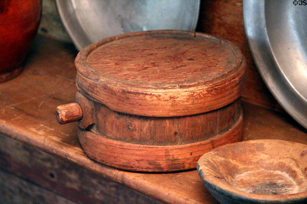 Wooden canteen made like barrel at Nathaniel Hempstead House. New London, CT.