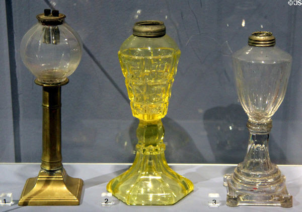 Glass whale oil lamps (19thC) at Lyman Allyn Art Museum. New London, CT.