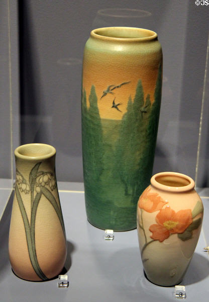 Rookwood Pottery vases (1904-8) (l-r) by Anna Marie Valentien, Kataro Shiraymadani & Lorinda Epply at Lyman Allyn Art Museum. New London, CT.