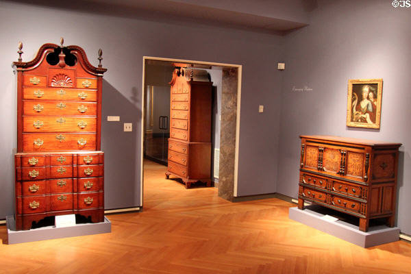 Gallery of New England chests at Lyman Allyn Art Museum. New London, CT.