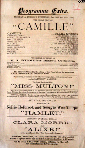 Camille playbill featuring James O'Neill at Monte Cristo Cottage. New London, CT.