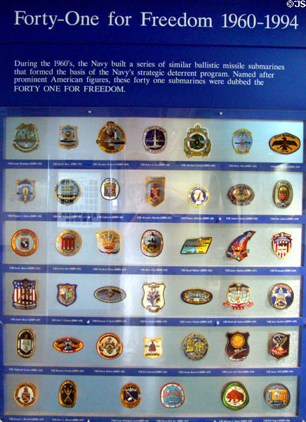Collection of U.S. submarine insignia patches at Submarine Force Museum. Groton, CT.