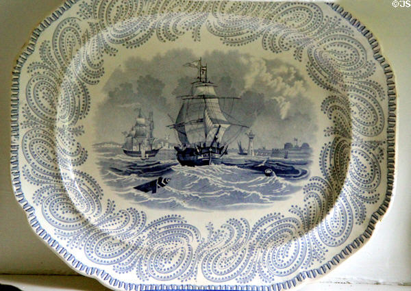 Porcelain platter with ship scene at Shaw Mansion. New London, CT.