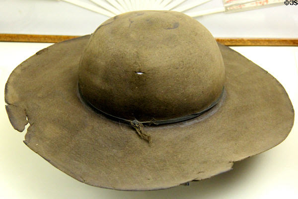 Felt brimmed hat (prior to 1781) worn by Jospeh Moxley, Sr. when killed at British massacre of Fort Griswold at Monument House Museum. Groton, CT.