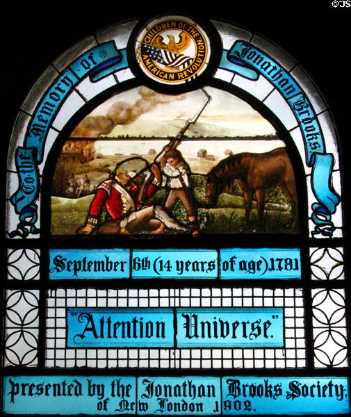 Stained glass window in memory of Jonathan Brooks, 14 year-old Patriot killed at Fort Griswold massacre (Sept. 6, 1781) at Monument House Museum. Groton, CT.