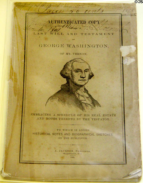 Published booklet (1868) of Will of George Washington plus historical notes at Monument House Museum. Groton, CT.