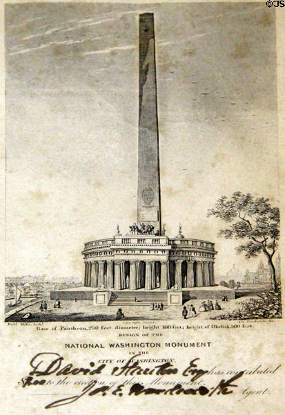 Graphic of early design for Washington Monument by Architect Robert Mills at Monument House Museum. Groton, CT.