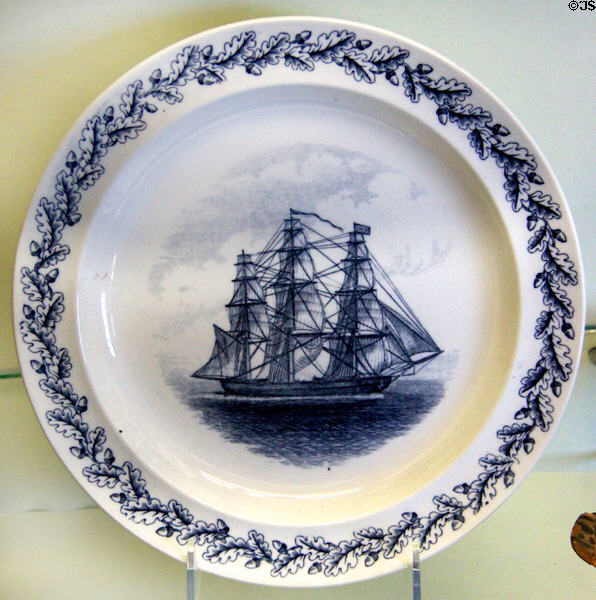 Wedgwood plate (c1900) of whaling ship General Williams which sailed from New London at Monument House Museum. Groton, CT.