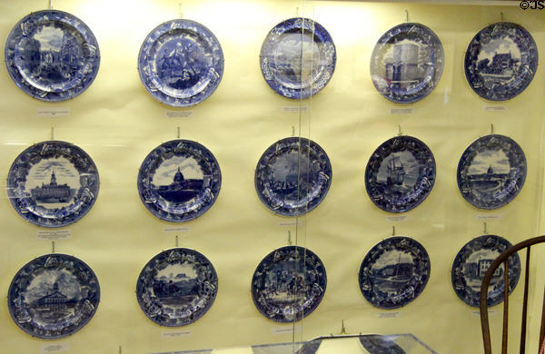Collection of Wedgwood American View commemorative plates at Monument House Museum. Groton, CT.