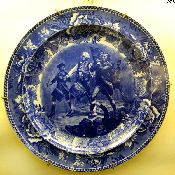 Wedgwood American View commemorative plate (c1895-1910) of Spirit of '76 painting by Willard Abbot Hall at Monument House Museum. Groton, CT.