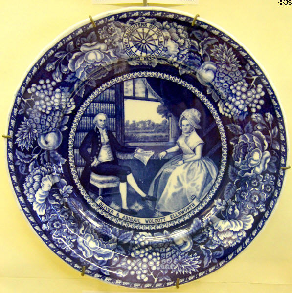 Wedgwood American View commemorative plate (c1895-1910) of Oliver & Abigail Wolcott Ellsworth at Monument House Museum. Groton, CT.