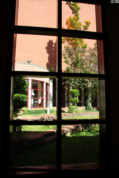 View to courtyard garden at Mattatuck Museum. Waterbury, CT.