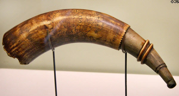 Powder horn (1758) with British arms prob. carried by John Satler in French & Indian War at Mattatuck Museum. Waterbury, CT.