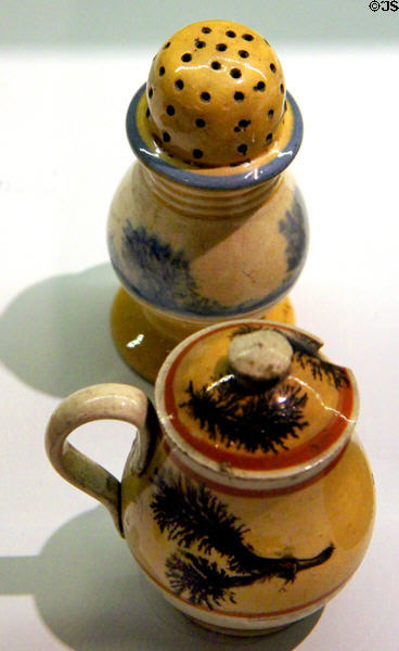 Ceramic sugar caster & mustard pot (1790-1810) at Mattatuck Museum. Waterbury, CT.