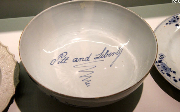 Chinese export bowl (1760) painted with anti-Stamp Act slogan "Pitt & Liberty" at Mattatuck Museum. Waterbury, CT.