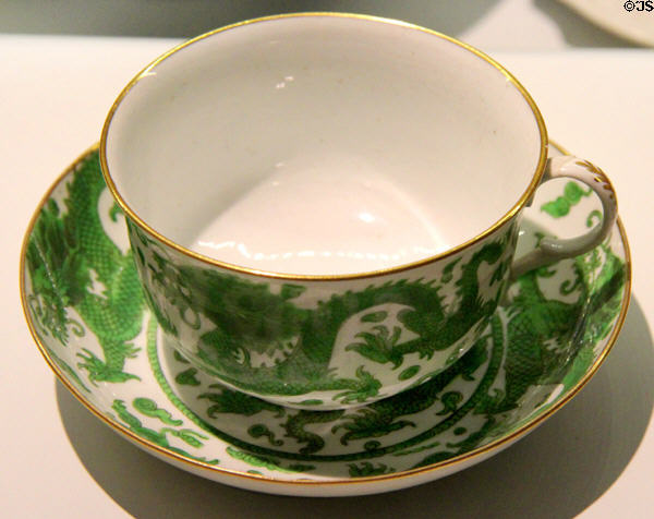 Chinese export teacup (c1840) with green dragon pattern at Mattatuck Museum. Waterbury, CT.