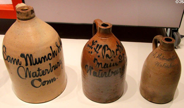 Stoneware jugs from Waterbury, CT at Mattatuck Museum. Waterbury, CT.