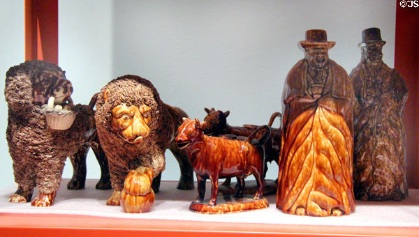 Rockingham glazed earthenware figures (1847-58) by United States Pottery Co. at Mattatuck Museum. Waterbury, CT.