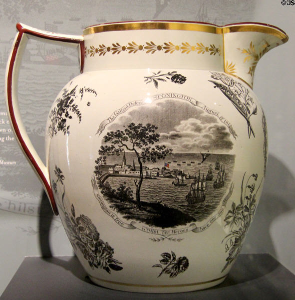 Stonington pitcher (1815) by Herculaneum Pottery Co., Liverpool, England depicts attack of British fleet against town of Stonington, CT on Aug. 9, 1814 at Mattatuck Museum. Waterbury, CT.