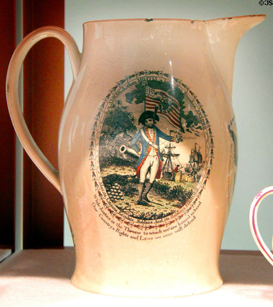 Success to America whose Militia is better than Standing Armies - May its Citizens Emulate Soldiers and is Soldiers Heroes commemorative creamware pitcher (c1810) from Liverpool, England at Mattatuck Museum. Waterbury, CT.
