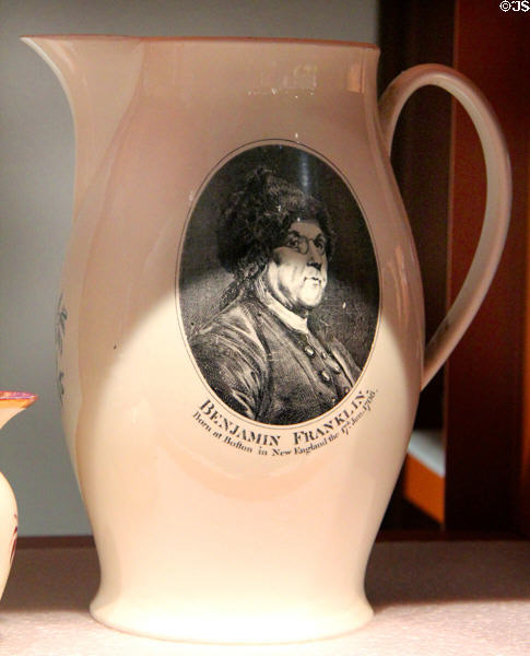 Benjamin Franklin - Born at Boston in New England the 17th Jan. 1706 commemorative creamware pitcher (c1800) by Herculaneum Pottery Co., Liverpool, England at Mattatuck Museum. Waterbury, CT.