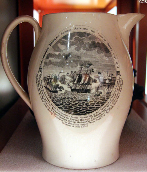 Commodore Preble's Squadron Attacking the City of Tripoli Aug. 3, 1804 commemorative creamware pitcher (c1810) by Herculaneum Pottery Co., Liverpool, England at Mattatuck Museum. Waterbury, CT.
