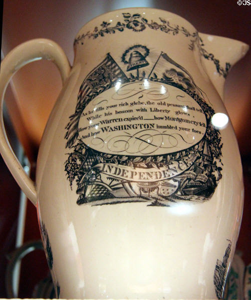 How Washington humbled your foes, Independence commemorative creamware pitcher (c1805) from Liverpool, England at Mattatuck Museum. Waterbury, CT.